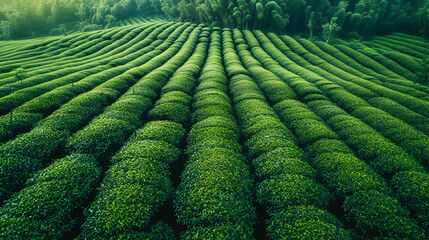 Tea field green plantation agriculture background top leaf farm landscape pattern drone. Organic field mountain green plant tea table view wooden product aerial display farmer wood fresh harvest land. - obrazy, fototapety, plakaty