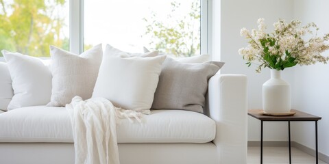 Casual living room adorned with white pillows.