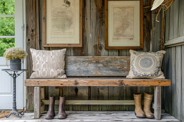 Cozy rustic porch with wooden bench and country decor. Home comfort and design.