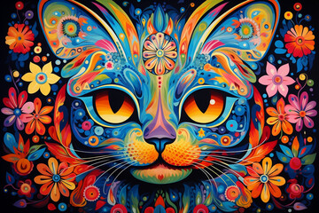 Fototapeta premium Vibrant and cheerful image featuring a brightly colored, happy cat adorned with ornate design. Playful and eye-catching feline joy for your creative projects.