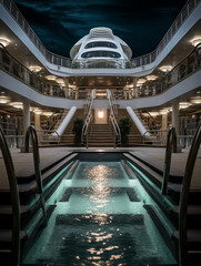 Cruise Ship with Pool Elevators and Stairs at Night