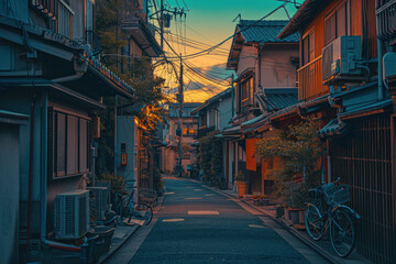 Fototapeta premium Quiet residential street at dusk with traditional houses. Urban tranquility.