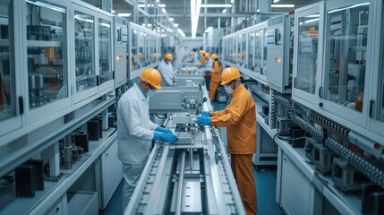 High angle view, in a clean modern factory, engineers working on high tech machines. Generative AI.