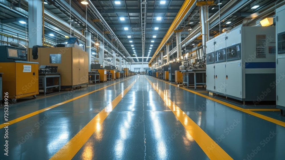 Poster The factory floor that includes several machines, expansive spaces. Generative AI.