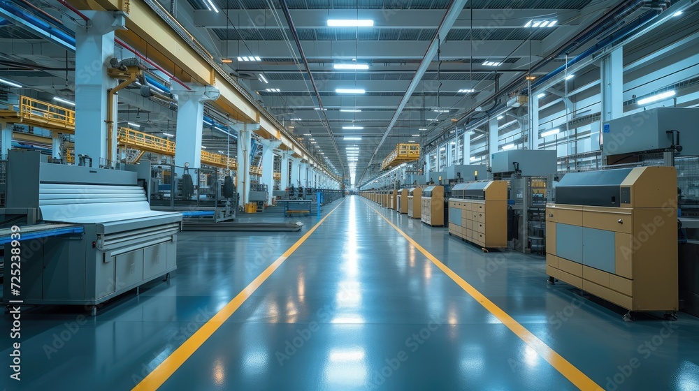 Fototapete the factory floor that includes several machines, expansive spaces. generative ai.