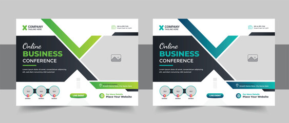 Creative horizontal business conference flyer template, Modern online live webinar meeting or technology conference invitation banner design layout - obrazy, fototapety, plakaty