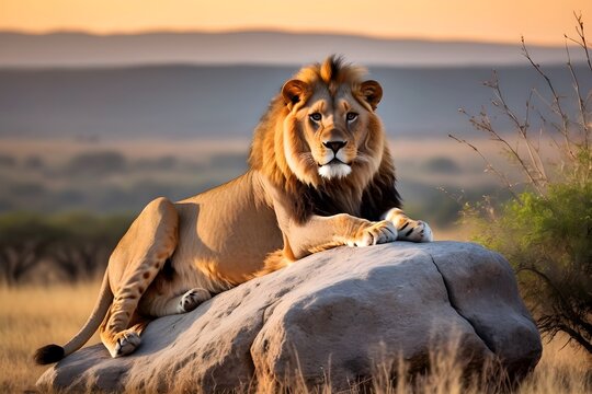 Lion sitting, portrait of wild animals in natural, africa