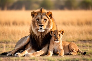 Lion cub running, portrait of wild animals in natural. africa