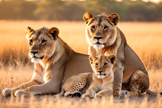 Lion and lion cub sitting, portrait of wild animals in natural. africa