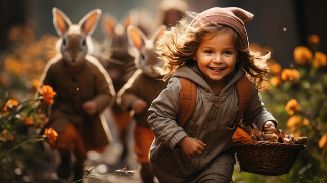 happy little kids wearing bunny ears headbands outdoor.