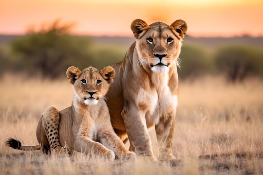 Lion and lion cub sitting, portrait of wild animals in natural. africa
