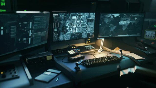 Satellite tracking computer tech used in army control room. Operating satellite tracking computer program to find the enemy. Satellite location tracking computer system detects target power station.