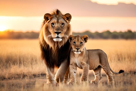 Lion and lion cub sitting, portrait of wild animals in natural. africa