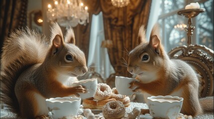 Happy squirrels drinking coffee and eating donuts on table with detailed crystal chandeliers. Generative AI.