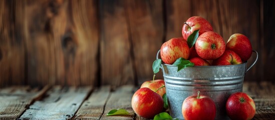 Selective focus on a vertical wooden background with apples in a bucket.
