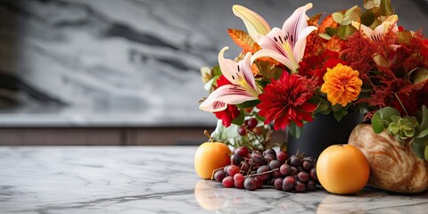 Autumn bouquets and pumpkins displayed on marble kitchen table.