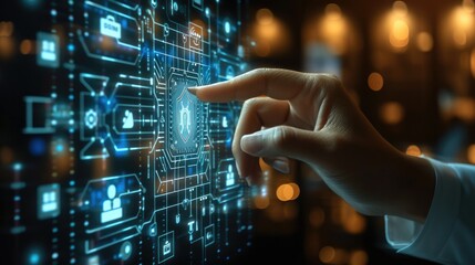 Hand touching screen with various security icons on it. Generative AI.