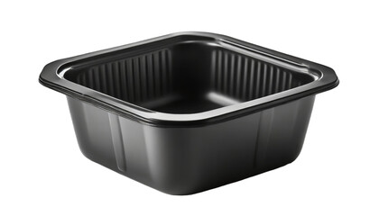 Black plastic container for food, isolated on transparent background.