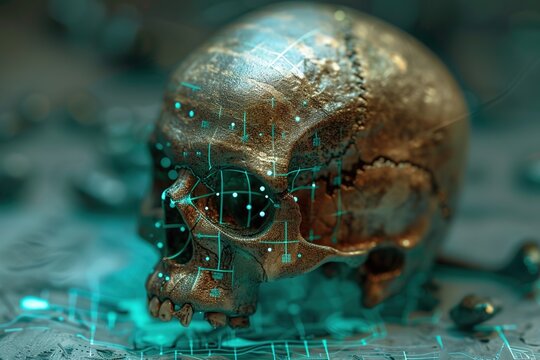 Brown ancient human skull. Concept of digital dating. Scan old things antique elements