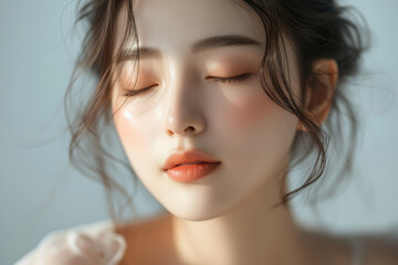 Most beautiful girl, pretty face, skincare asian model, eyes closed. Generative AI.
