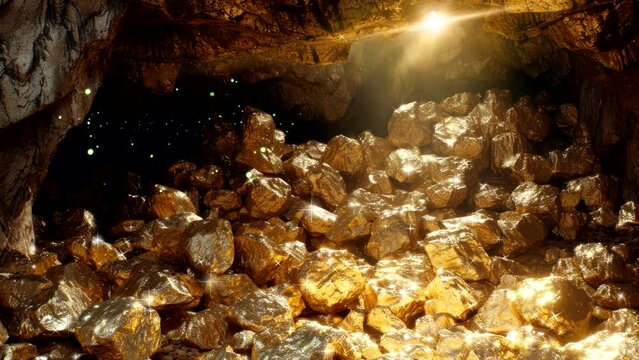 big gold nugget as treasure discovery in cave video animation looping background