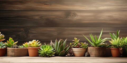 Copy space with wooden table background showcasing potted succulents.