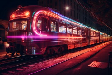 Neon lights outlining the edges of a vintage train, creating a nostalgic journey through time.