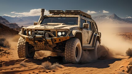 Fototapeta na wymiar Advanced military reconnaissance vehicle navigating rough desert terrain during a reconnaissance mission