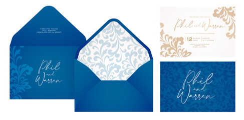 wedding invitation card envelope set design with blue and gold foil ornamental templates for Stationery, Layouts, collages, scene designs, event flyer, Holiday celebration cards papers printing covers
