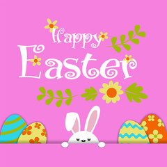 Paper cut style pink color with rabbit and easter egg in the grass. Vector illustation. For Easter day, invitation, greeting card, posters and wallpaper.