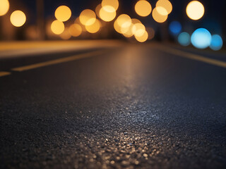 Night time close-up asphalt road and blurred lights. - Generative AI