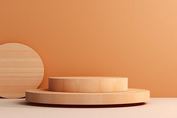 Fototapeta na wymiar Round wooden pedestal podiums on peach background. Minimal scene for product display presentation.