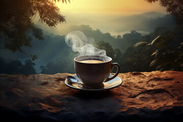 cup of hot coffee in the mountains - obrazy, fototapety, plakaty