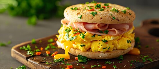 Breakfast sandwich with English muffin, scrambled egg, ham, and cheese, placed on a cutting board.
