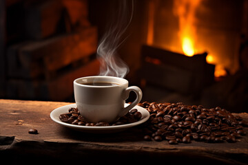 cup of coffee with beans and fireplace hygge