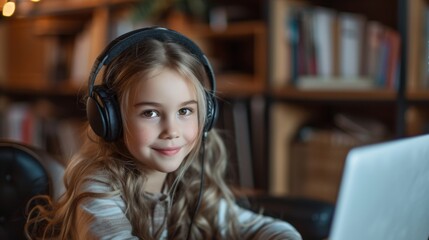 Smiling little girl in headphones has video call distant class with teacher using laptop, study online on computer, homeschooling concept