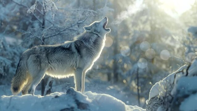 the wolf roar on snow forest at winter video animation background looping 
