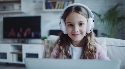 Smiling little girl in headphones has video call distant class with teacher using laptop, study online on computer, homeschooling concept
