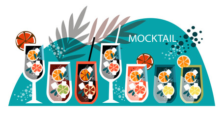 Fototapeta premium Set wineglass Mocktail with orange. Non-alcoholic cocktail with citrus fruits and mint. Beach kitchen. Cool summer drinks. Vector illustration in the flat style.