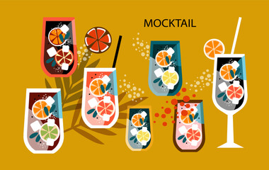 Set wineglass Mocktail with orange. Non-alcoholic cocktail with citrus fruits and mint. Beach kitchen. Cool summer drinks. Vector illustration in the flat style.