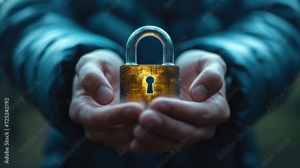 Leinwandbilder man hand holding username and password padlock icon, cyber security, secure internet access, secure 