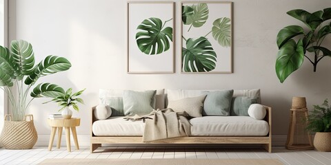 Stylish home interior with minimalist grey sofa, tropical plants, and elegant accessories. Space...