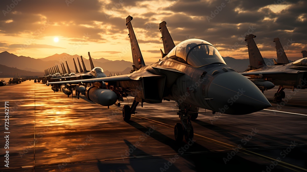 Wall mural Aerial view of a military airfield with a lineup of fighter planes ready for takeoff, illustrating air force readiness