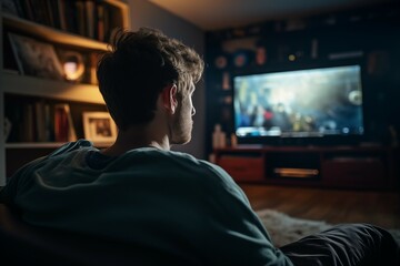 Back view image of cute boy watching streaming service and pointing at the TV screen. guy looking at the screen, nature, home environment - Powered by Adobe