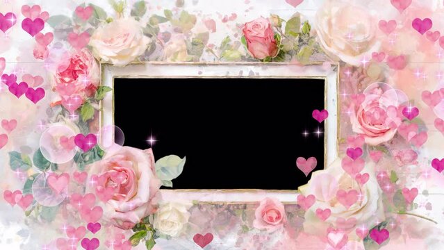Rose and Heart Rectangular Wooden Photo Frame: Decorative, Alpha Channel, Looping Video for Happy Wedding Imagery of a Bride
