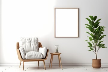 frame mockup in a modern and cozy minimalist, along with green plant living room - obrazy, fototapety, plakaty