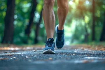 Keuken spatwand met foto close-up of legs in running shoes jogging in the park, summer green lifestyle background © Marina Shvedak