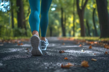 Zelfklevend Fotobehang close-up of legs in running shoes jogging in the park, summer green lifestyle background © Marina Shvedak