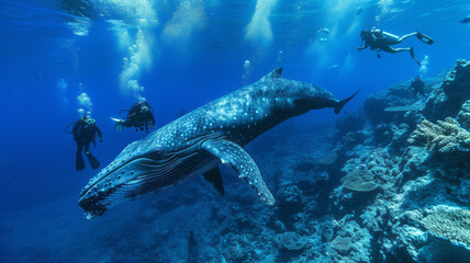 Fototapeta premium a group of scuba diving student in tropical ocean coral reef sea under water with big whale, generative ai