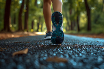 close-up of legs in running shoes jogging in the park, summer green lifestyle background